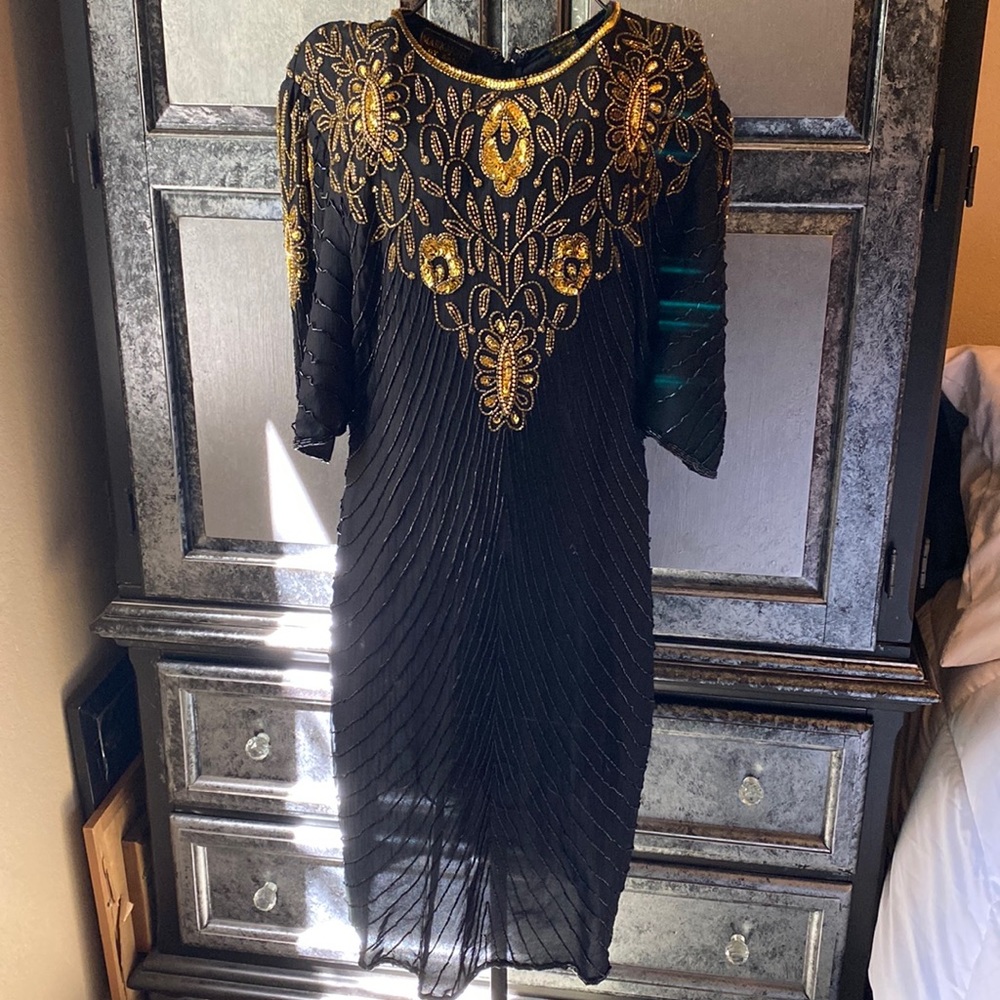 Vintage Black Beaded Dress with Gold sequins & Beads